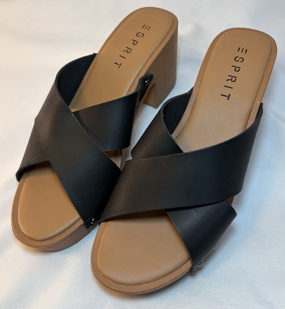ESPRIT Mia Slide Sandal Studs Faux Black Leather Block Heel Women 8.5 Retro 70s